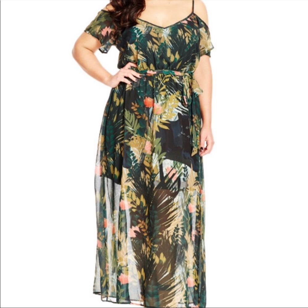 City Chic tropical maxi dress off the shoulder belted